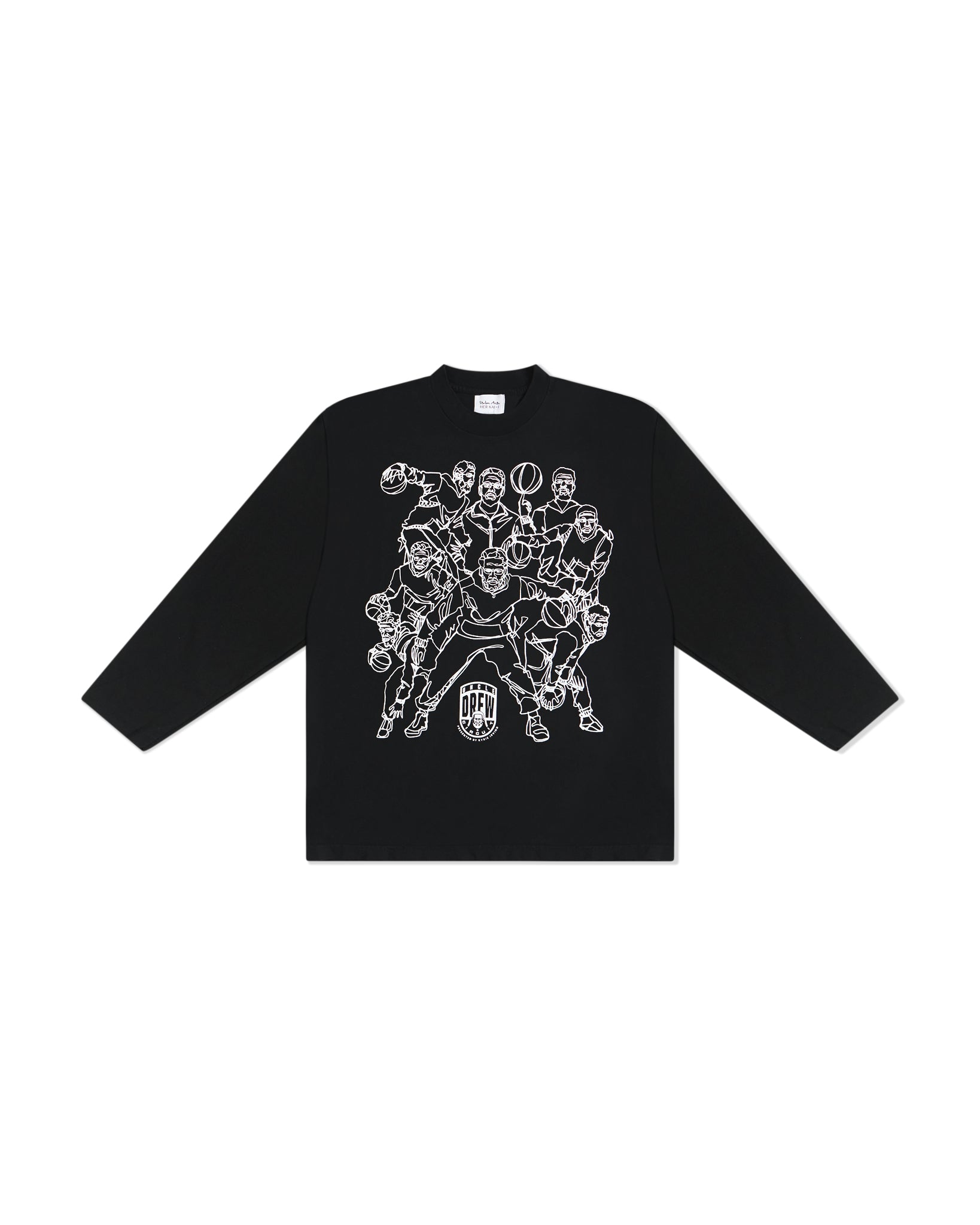 A black long-sleeve t-shirt with multiple large white line art graphics of Uncle Drew on the front, displayed flat against the black background.
