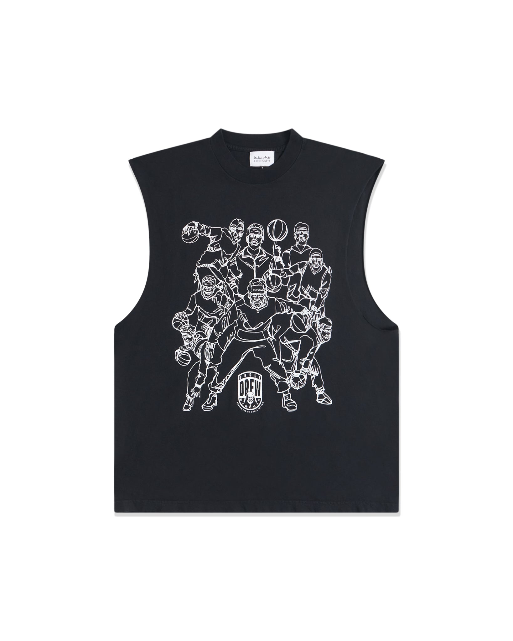 A sleeveless black cotton t-shirt featuring multiple large white line art graphisc of Uncle Drew on the front.