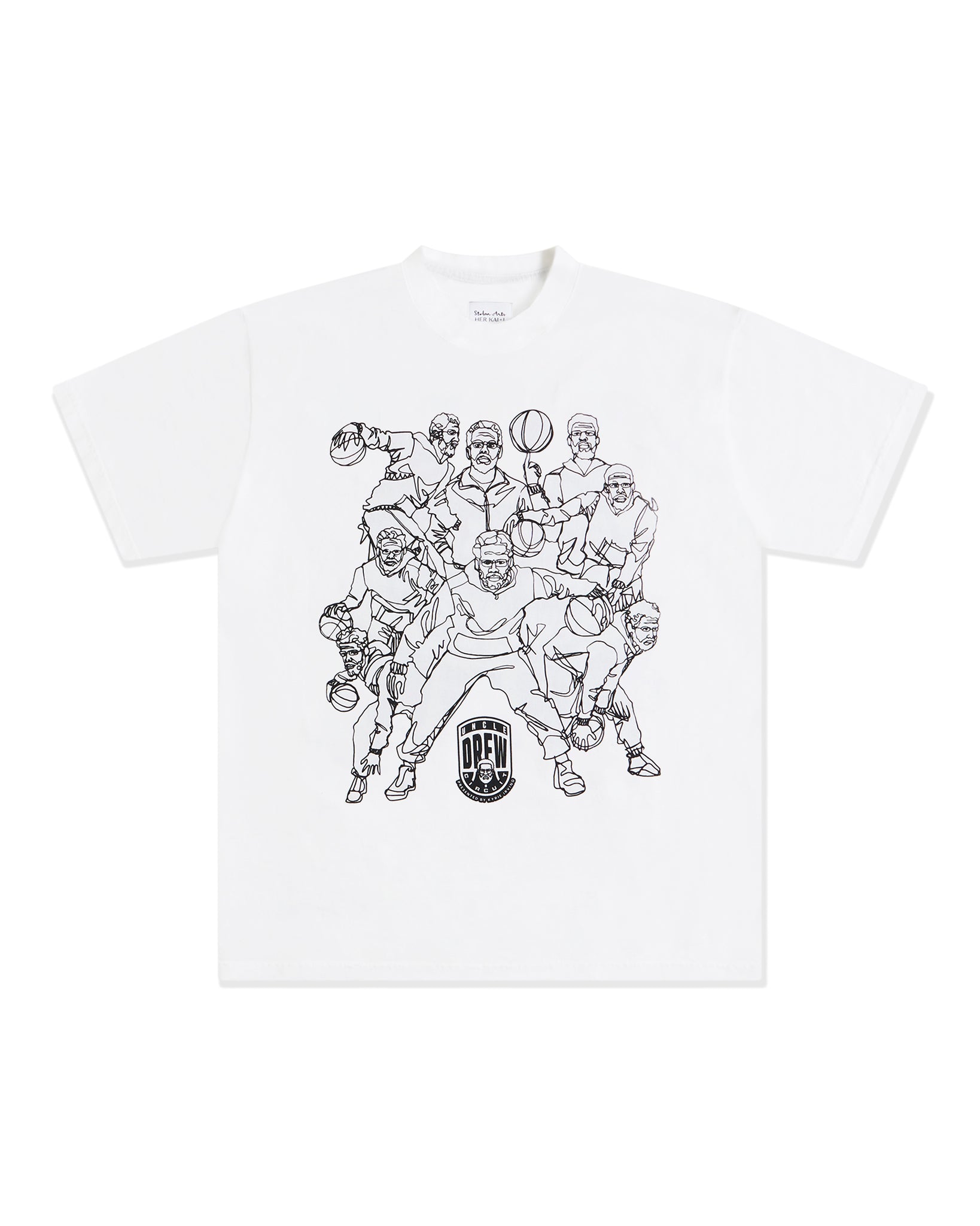 A white short-sleeve crewneck t-shirt featuring large multiple black line art graphics of Uncle Drew on the front,.