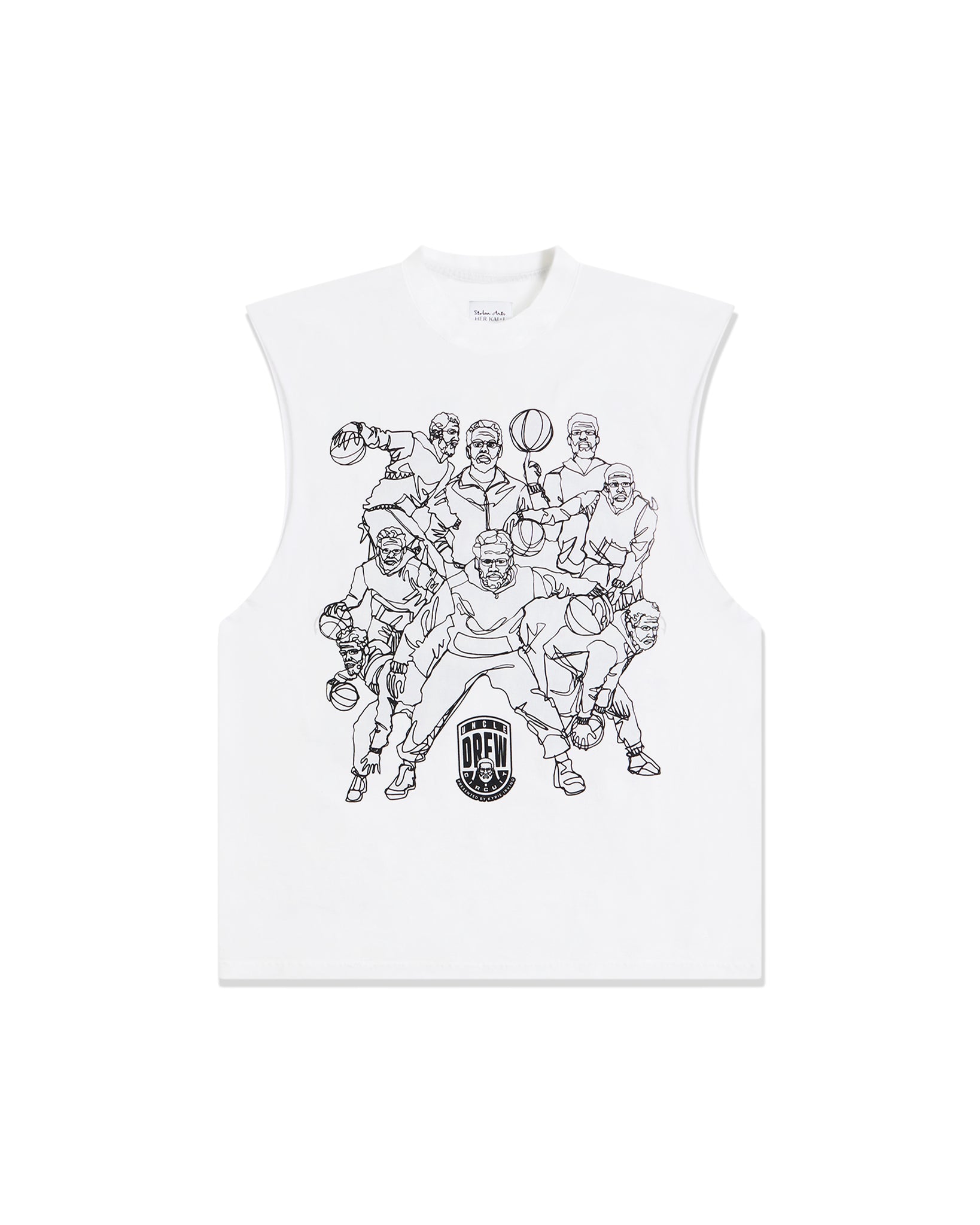 A white sleeveless t-shirt featuring multiple black line art graphic of Uncle Drew on the court.