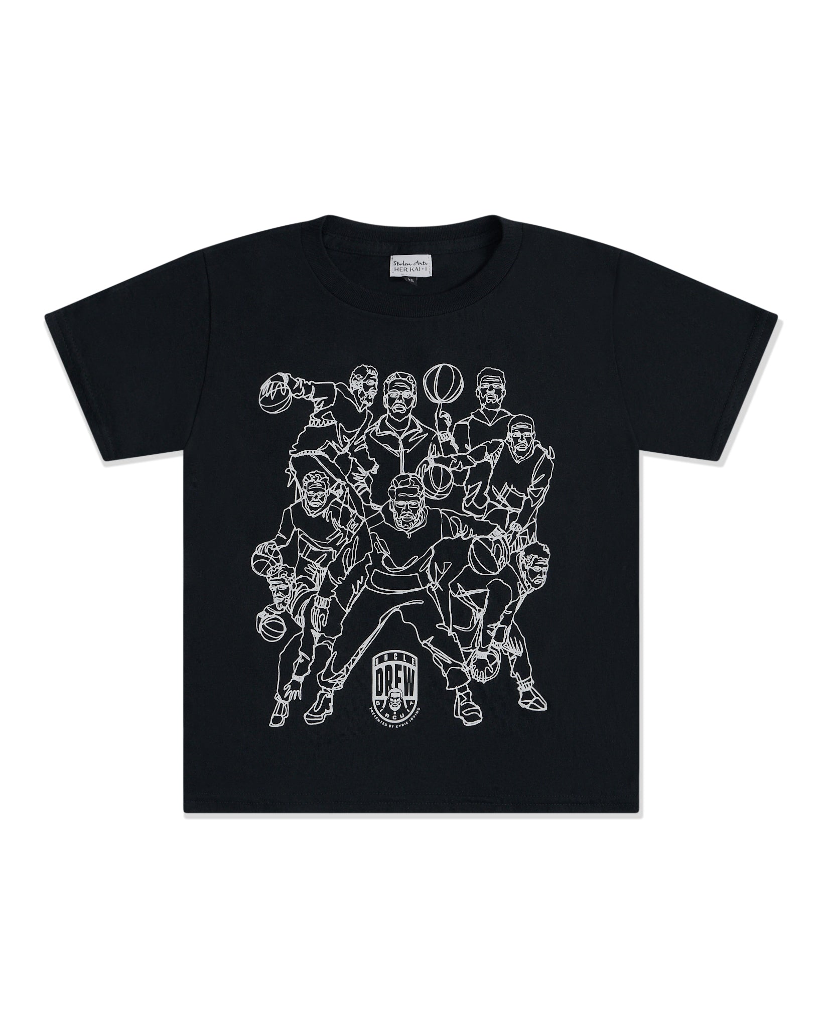 A black short-sleeve crewneck t-shirt featuring multiple white line art graphics of multiple basketball players on the front of the t-shirt.