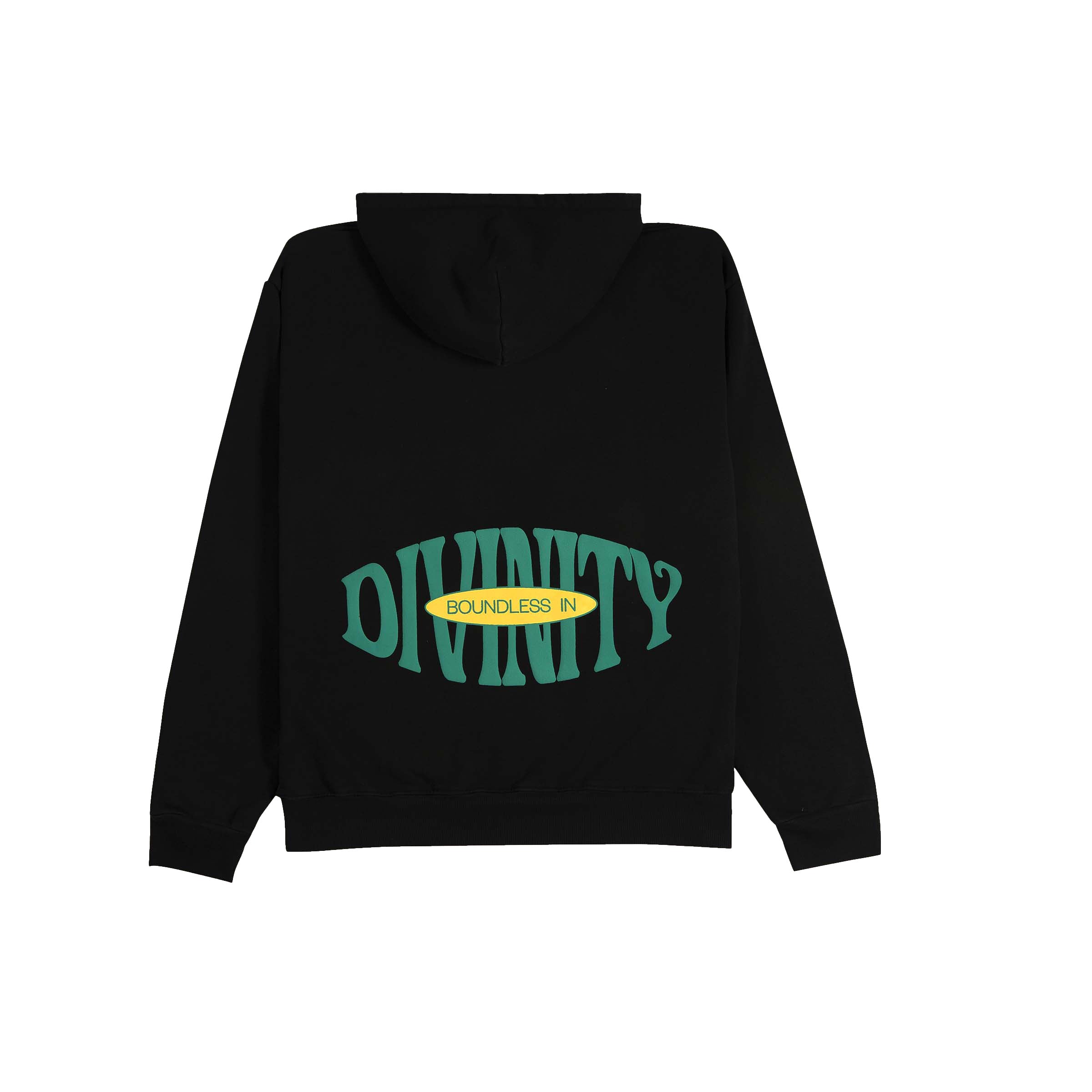 BACK VIEW OF BOUNDLESS DIVINITY GRAPHIC ON BLACK HOODIE - BY HER KAI & I