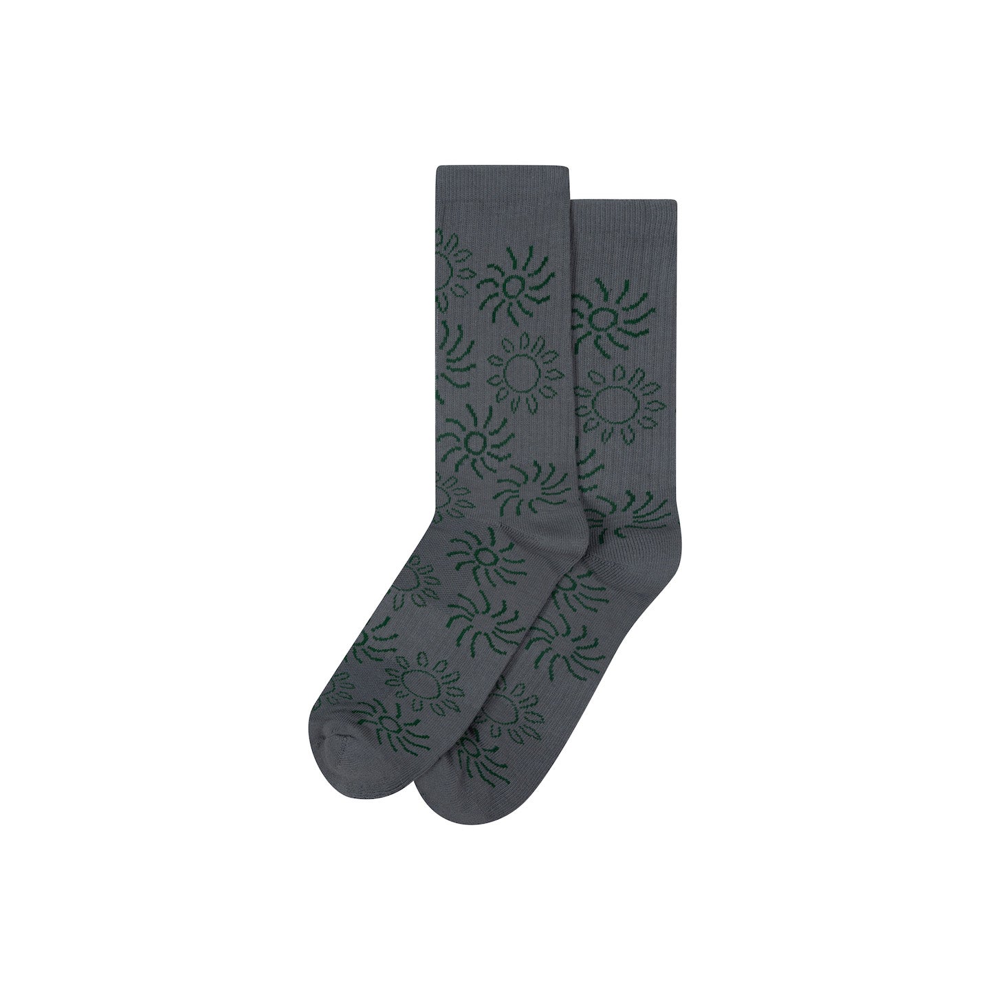 Mosaic Cotton Socks in Dark Grey by Her Kai And I. It features a mulit-sun print design in Forest Green