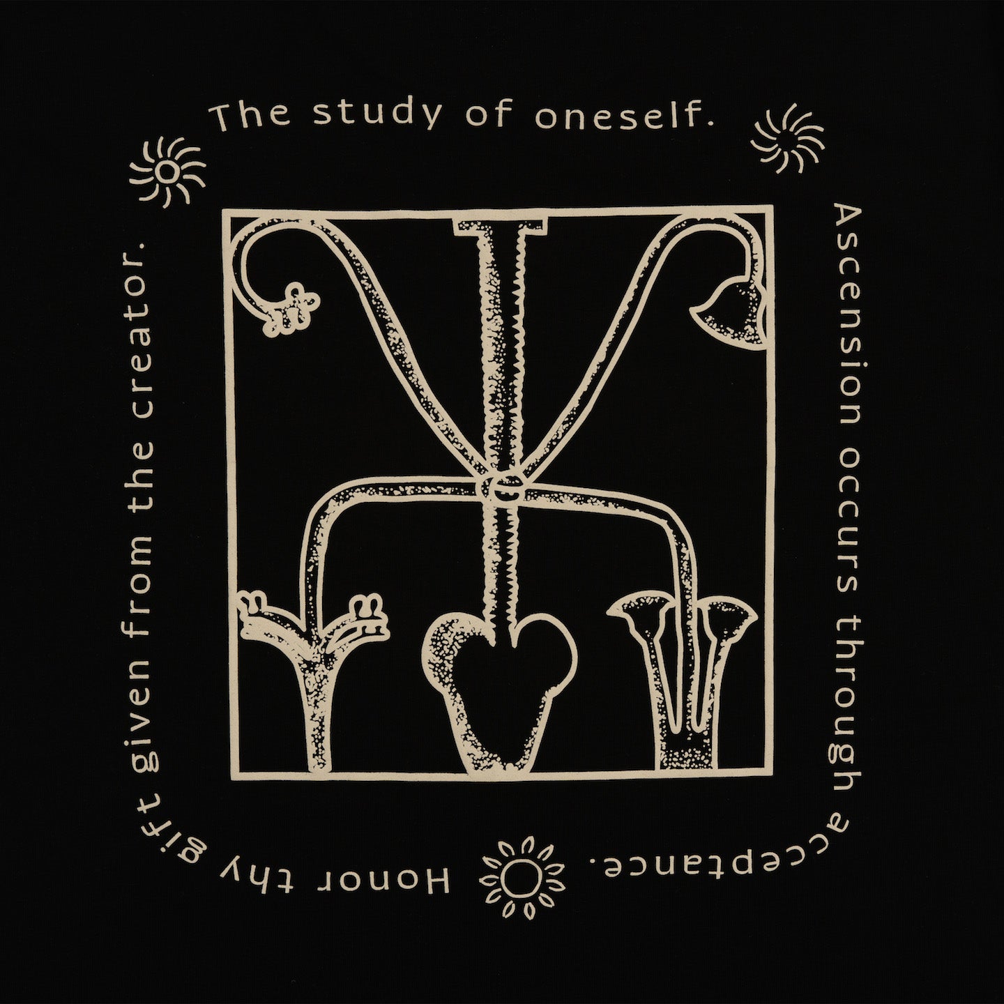 DETAIL VIEW OF EGYPTIAN INSPIRED SYMBOLISM OF KNOW THYSELF TEE
