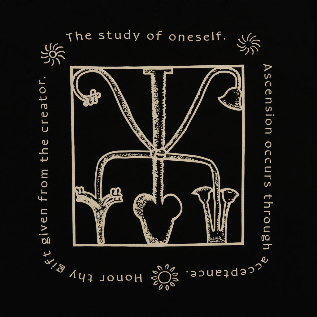 DETAIL VIEW OF EGYPTIAN INSPIRED SYMBOLISM OF KNOW THYSELF TEE