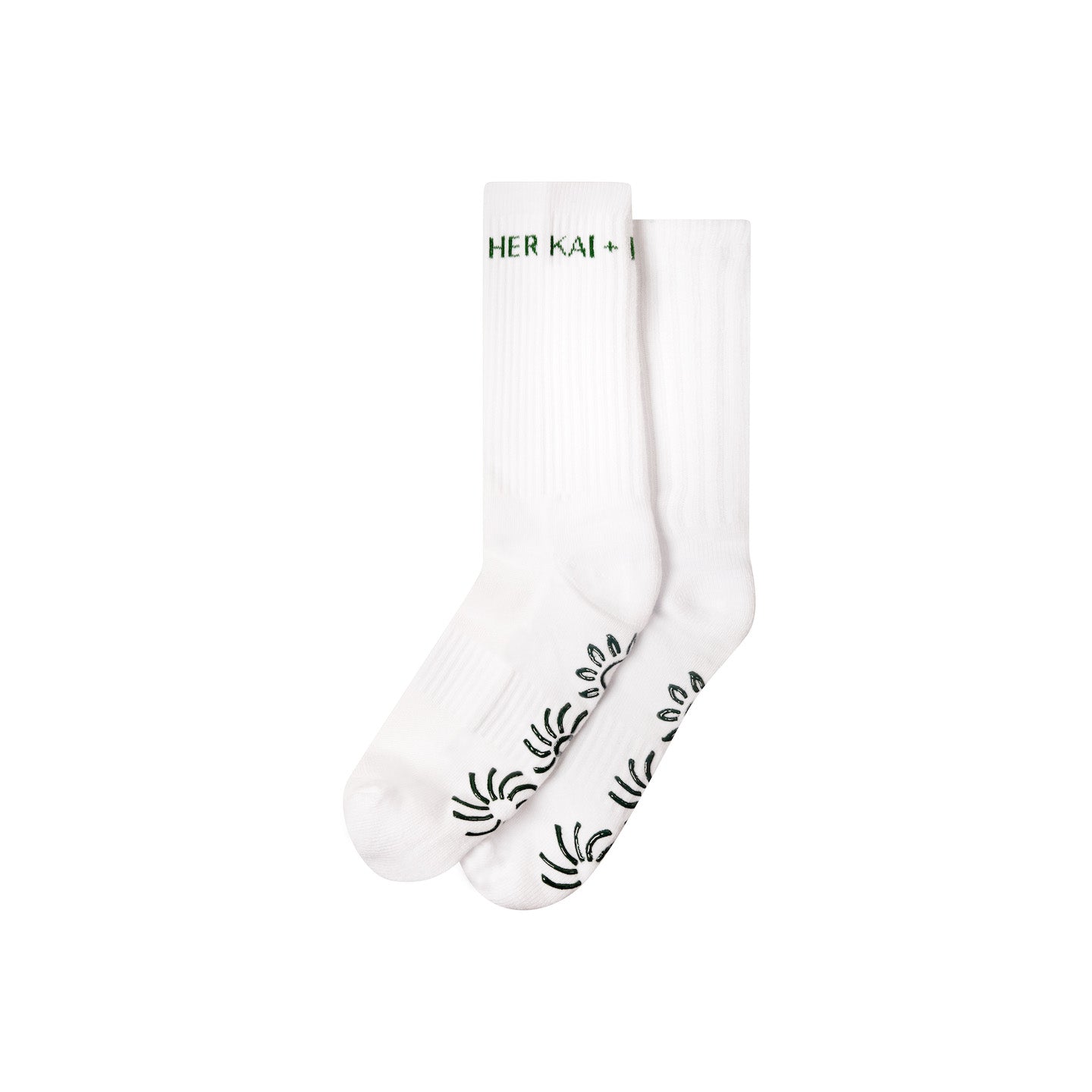 Sol Cotton Socks in White by Her Kai & I. It features our Sun Grip design in Forest Green