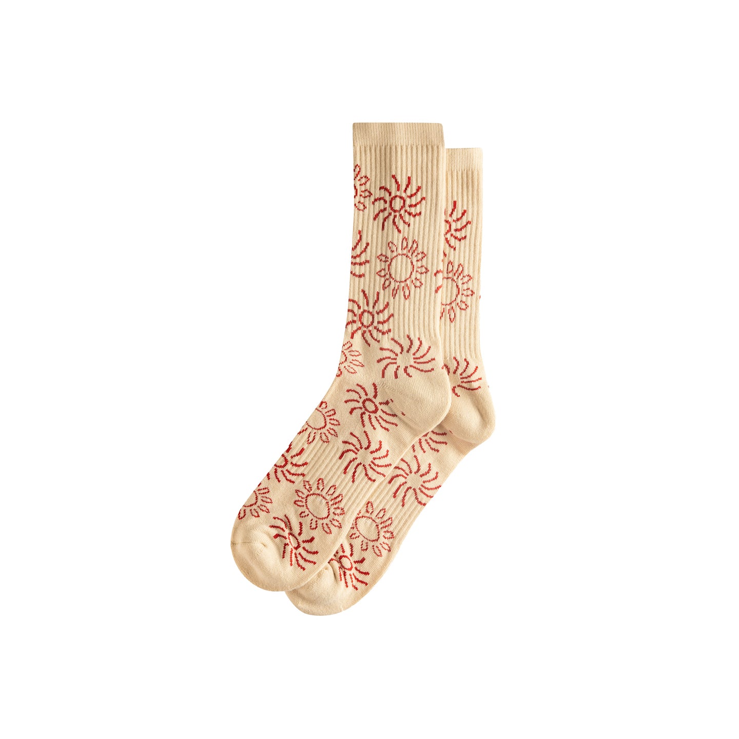 Mosaic Cotton Socks in Cream Color by Her Kai & I. It features an multi-sun print design in red