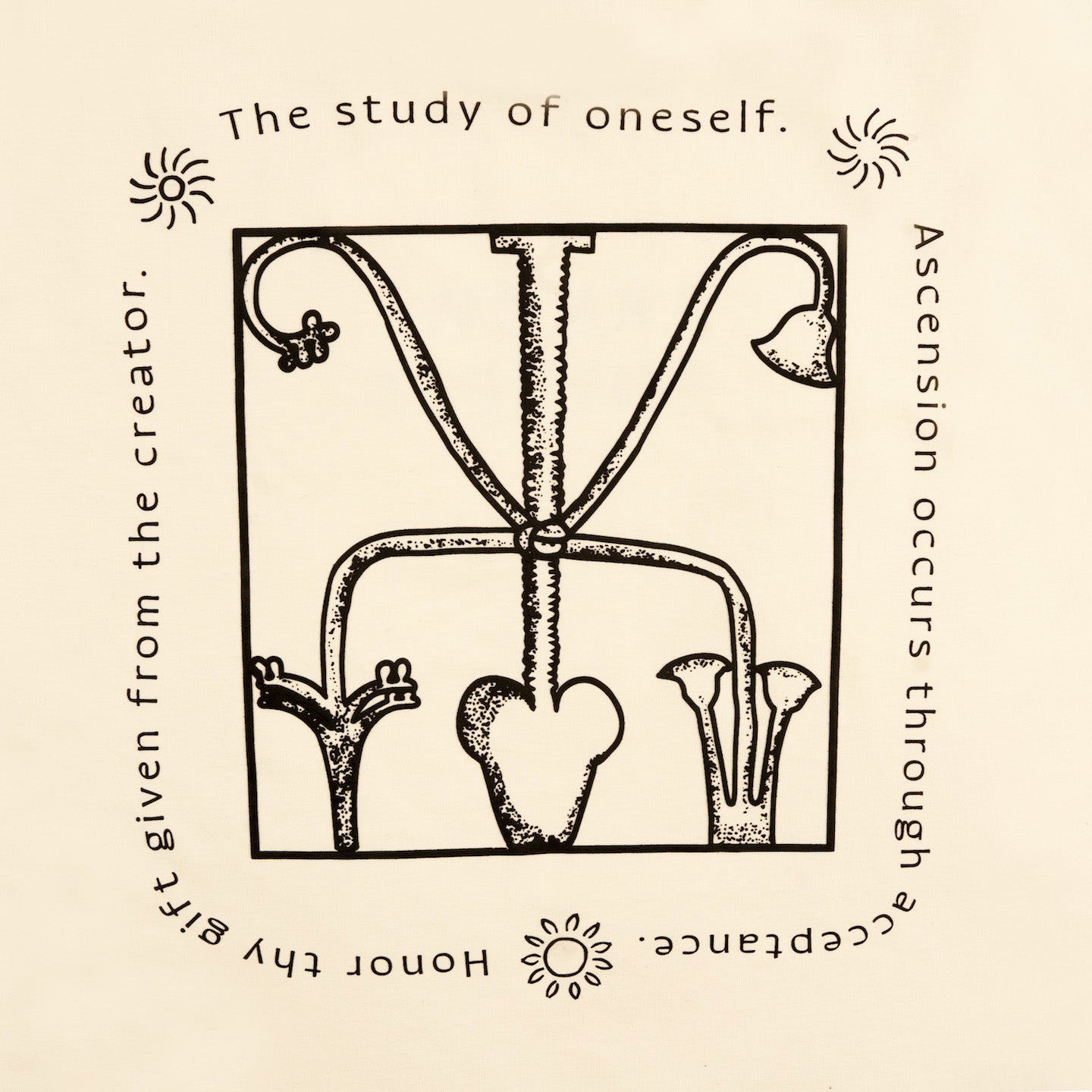 DETAIL VIEW OF KNOW THYSELF GRAPHIC INSPIRED BY EGYPTIAN SYMBOLISM