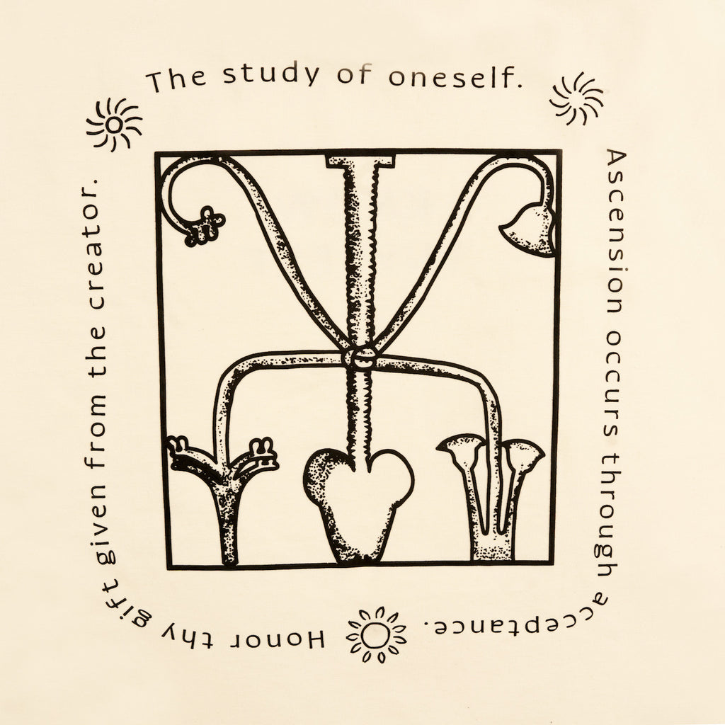 DETAIL VIEW OF KNOW THYSELF GRAPHIC INSPIRED BY EGYPTIAN SYMBOLISM