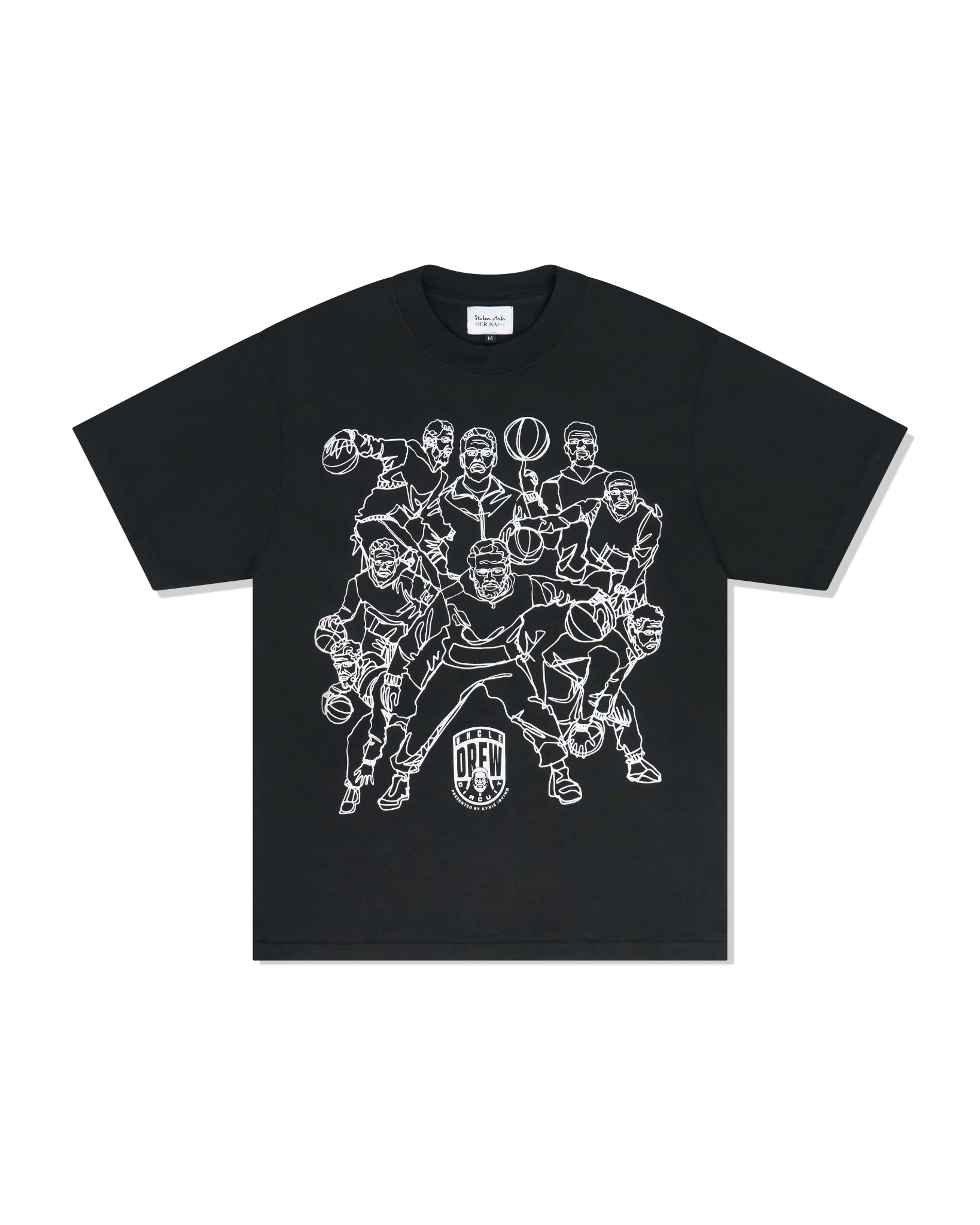 A black short-sleeve crewneck t-shirt featuring multiple white line art graphics of Uncle Drew on the court on the front of the tee. 