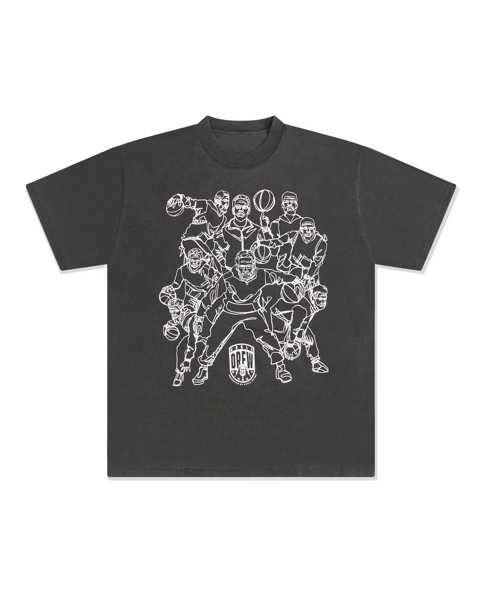 A dark charcoal gray short-sleeve t-shirt with multiple white line art graphics of Uncle Drew on the front,