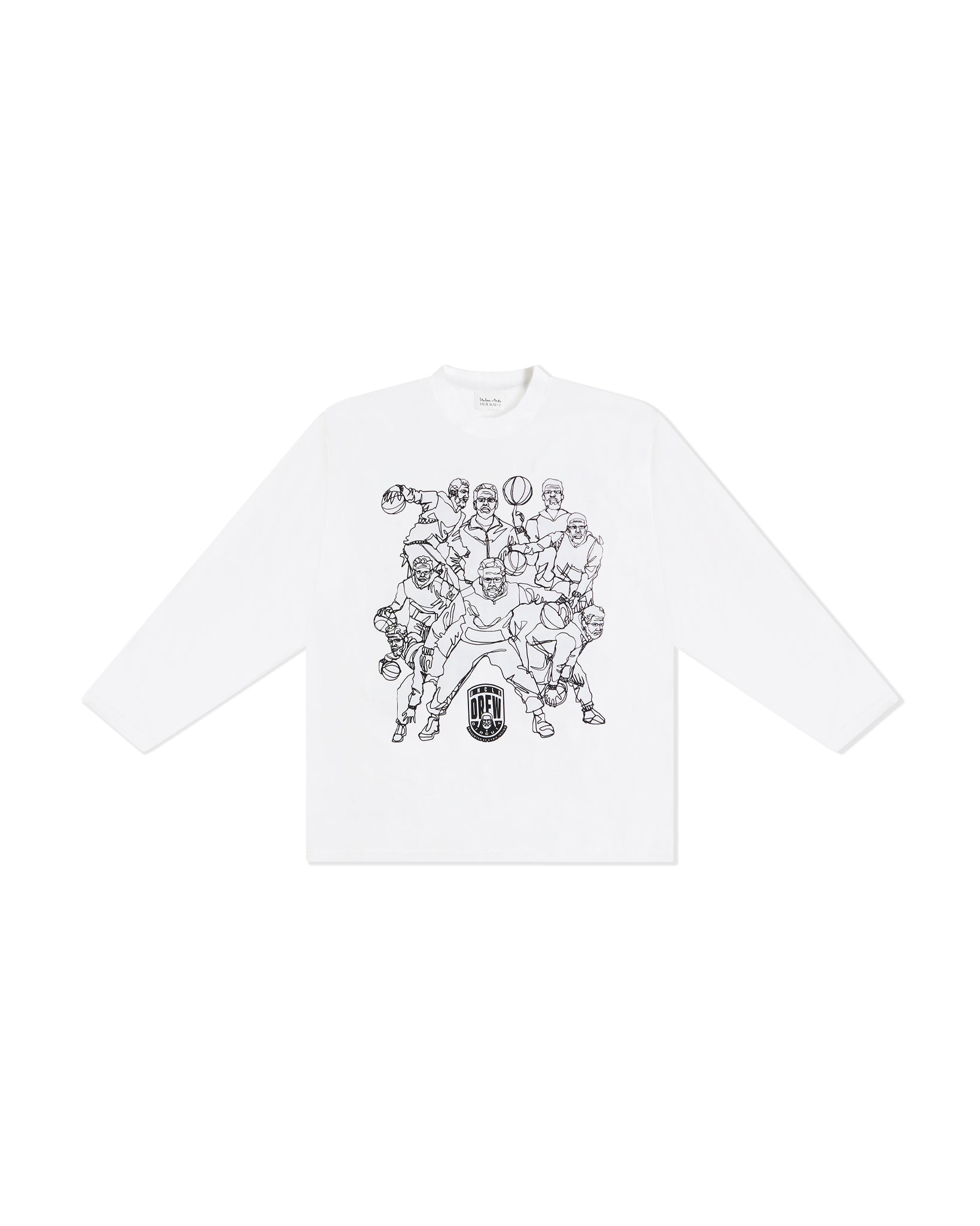 A white long-sleeve crewneck t-shirt featuring multiple large black line art graphics of Uncle Drew on the front displayed against a white background.