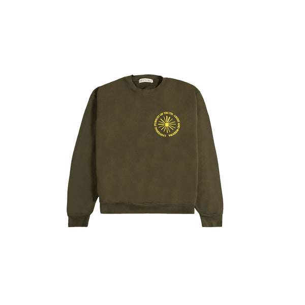 FRONT VIEW OF UNIVERSAL PURSUIT CREWNECK IN KHAKI GREEN 
