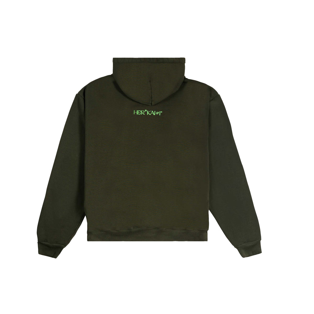 BACK VIEW OF UNIVERSAL PURSUIT HOODIE IN MOUNTAIN GREEN BY HER KAI & I