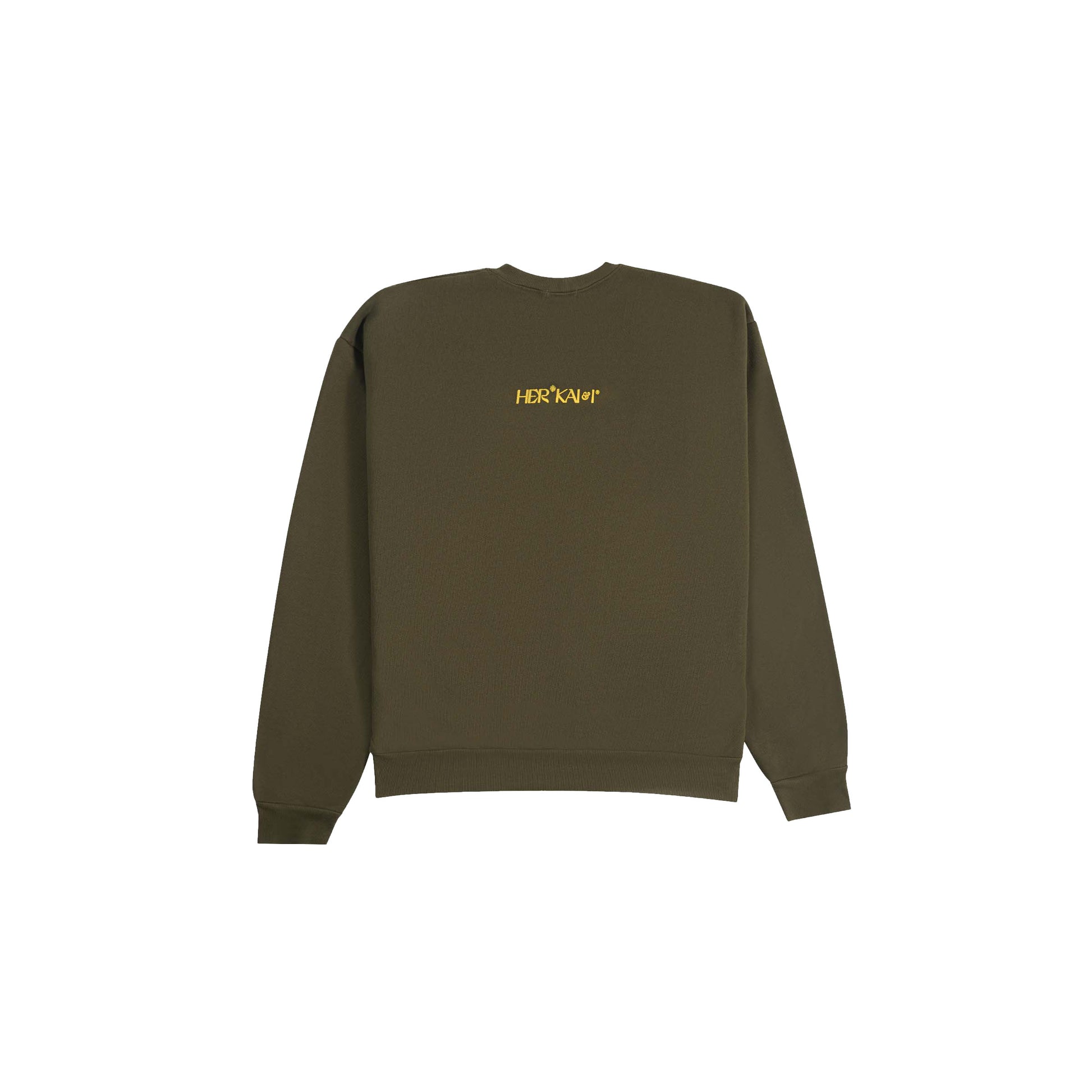 BACK VIEW OF UNIVERSAL PURSUIT CREWNECK IN KHAKI GREEN BY HER KAI & I