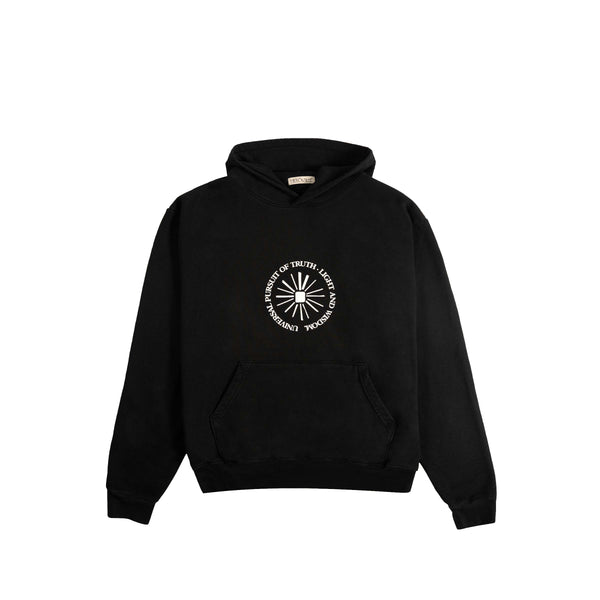 FRONT VIEW OF UNIVERSAL PURSUIT HOODED SWEATSHIRT IN BLACK BEAUTY BY HER KAI & I