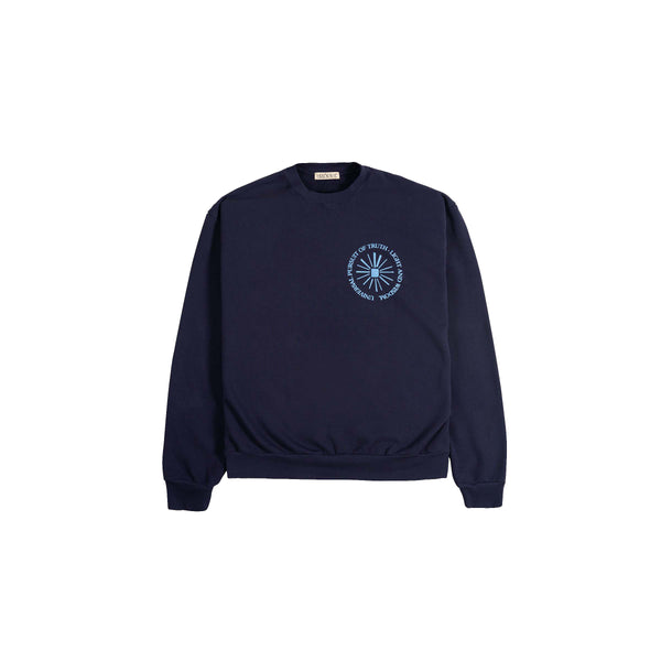 FRONT VIEW OF UNIVERSAL PURSUIT CREWNECK IN DEEP BLUE BY HER KAI & I