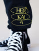 Detail Shot of Her Kai & Logo Puff Print at bottom of sweatpants. Boundless in Divinity Sweatpants