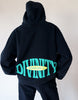 Back View of Model wearing a size Small. Our Boundless in Divinity Hoodie features a Boundless in Divinity Graphic Puff Print.